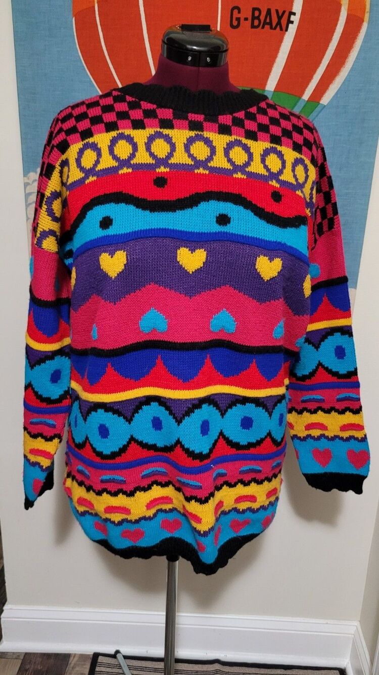Women's Adele Knitwear USA VTG Knitted Sweater Color Block Hearts Geometric XL